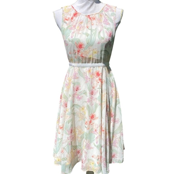 ANN TAYLOR A-Line Sleeveless Midi Dress in Beige and Floral Pattern Size 0 - Picture 1 of 7